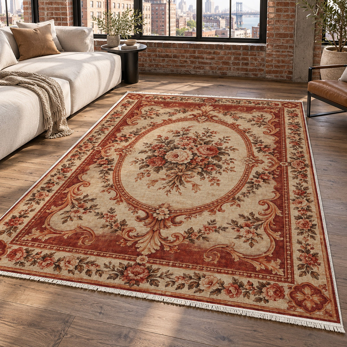 Aubusson Bouquet Rust Sand Classic Washable Rug — new york living