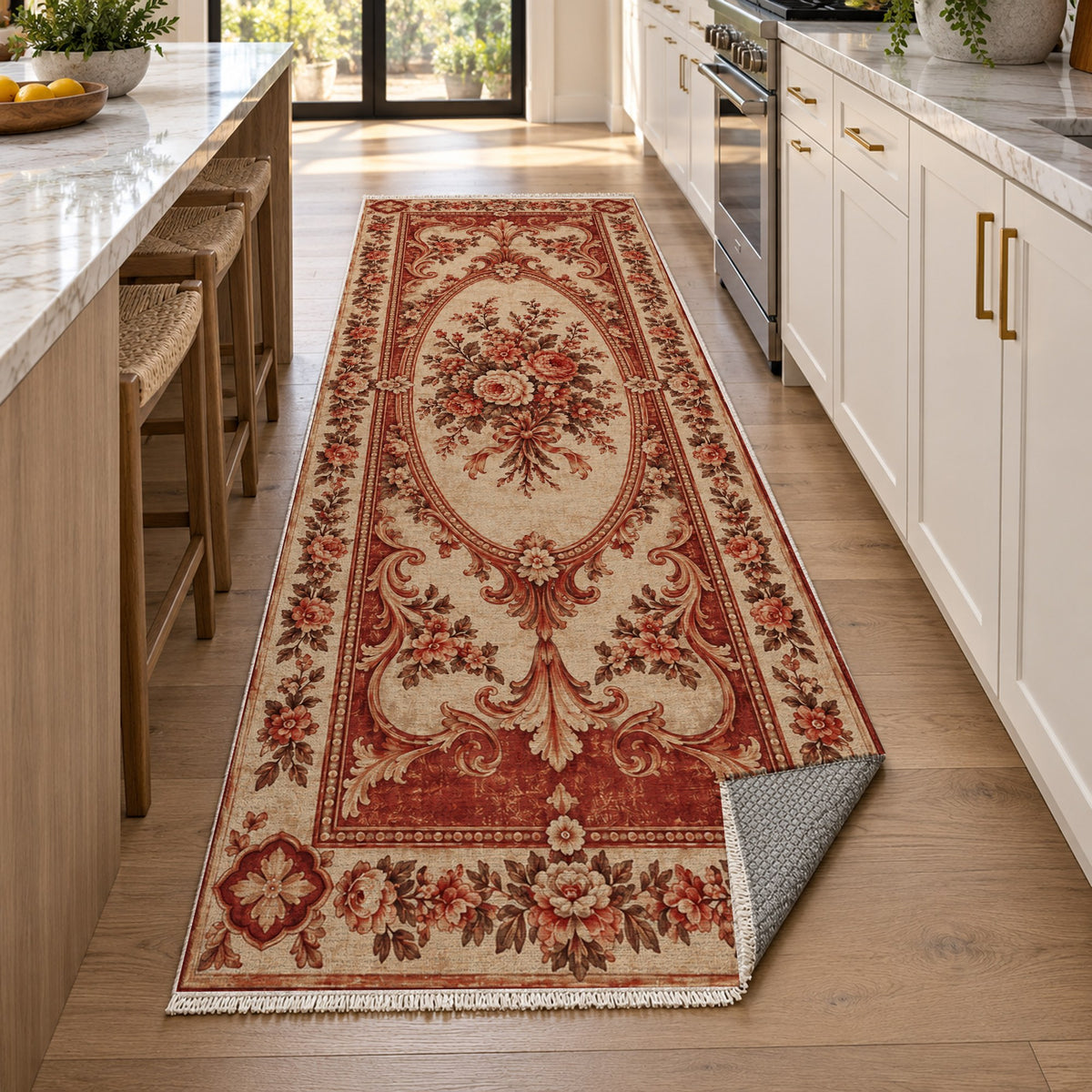 Aubusson Bouquet Rust Sand Classic Washable Rug — new york kitchen runner