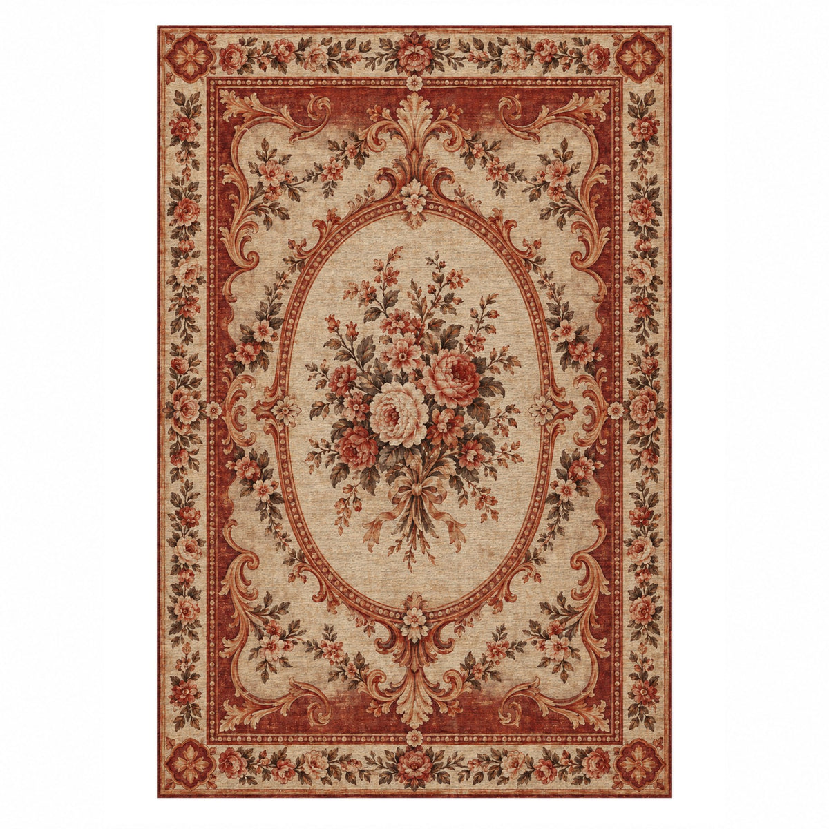 Aubusson Bouquet Rust Sand Classic Washable Rug — top view