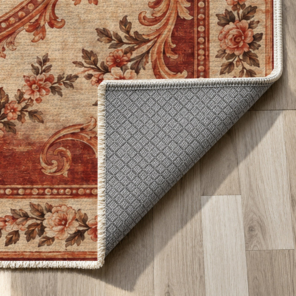 Aubusson Bouquet Rust Sand Classic Washable Rug — backing close up