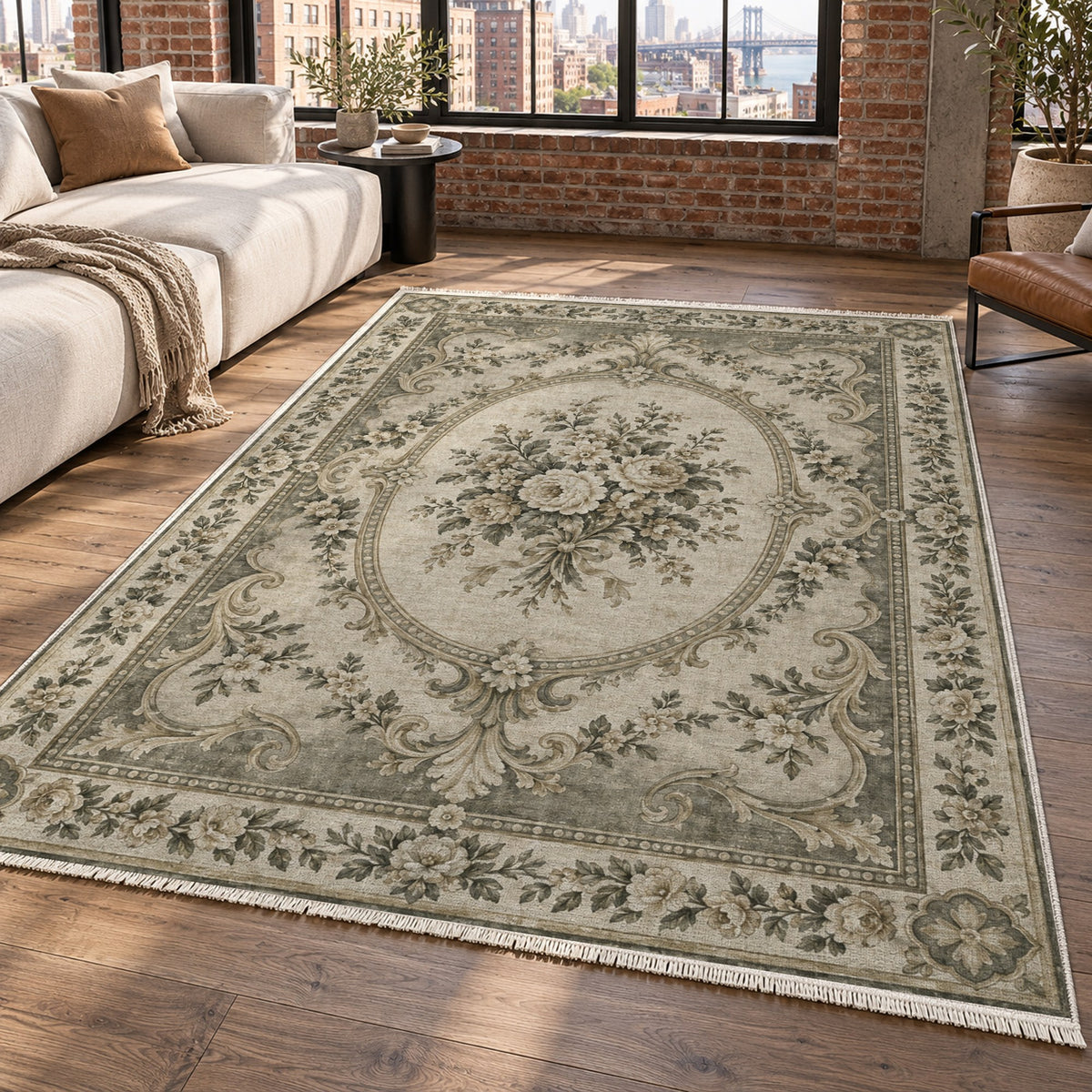 Aubusson Bouquet Sage Stone Classic Washable Rug — new york living