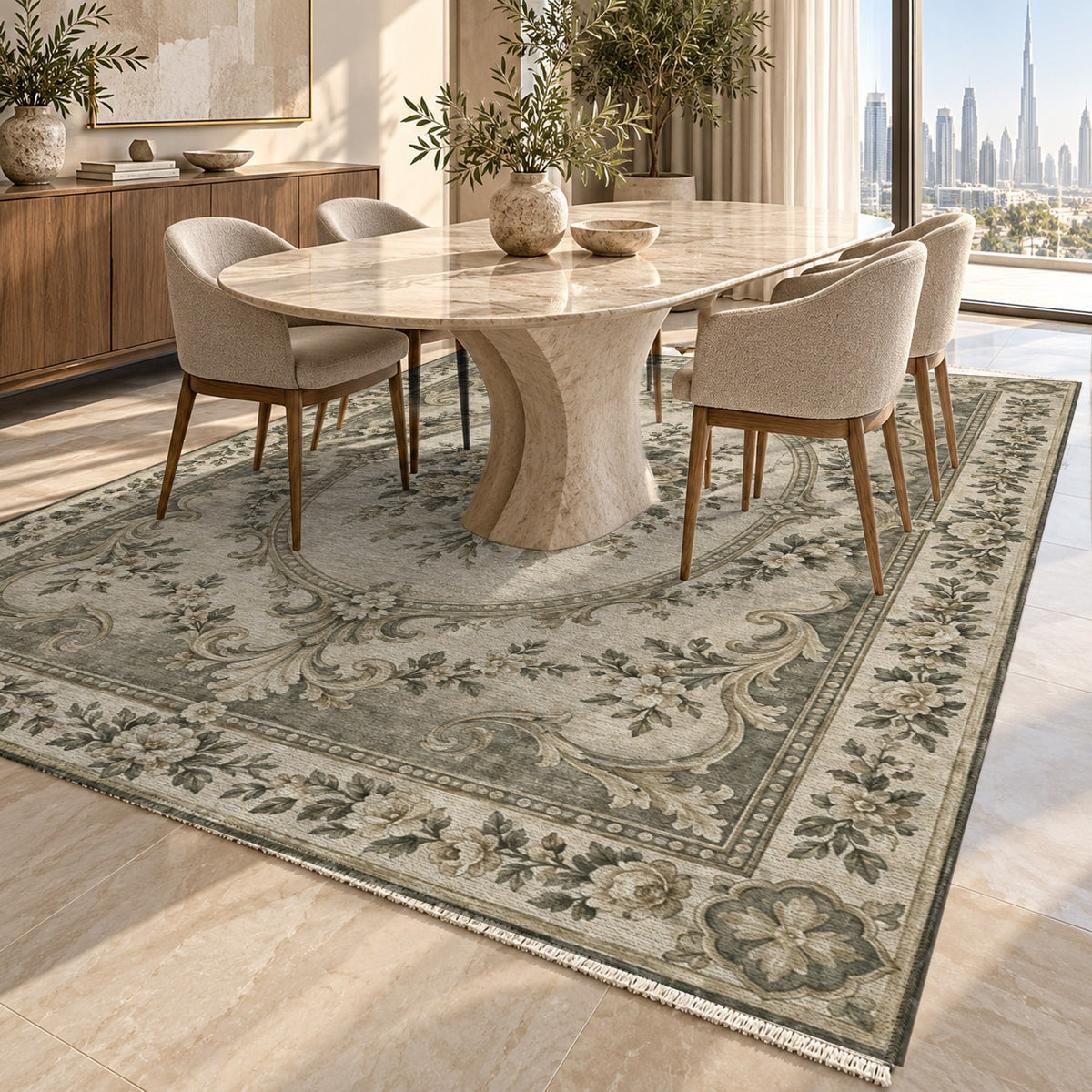 Aubusson Bouquet Sage Stone Classic Washable Rug — dubai dining