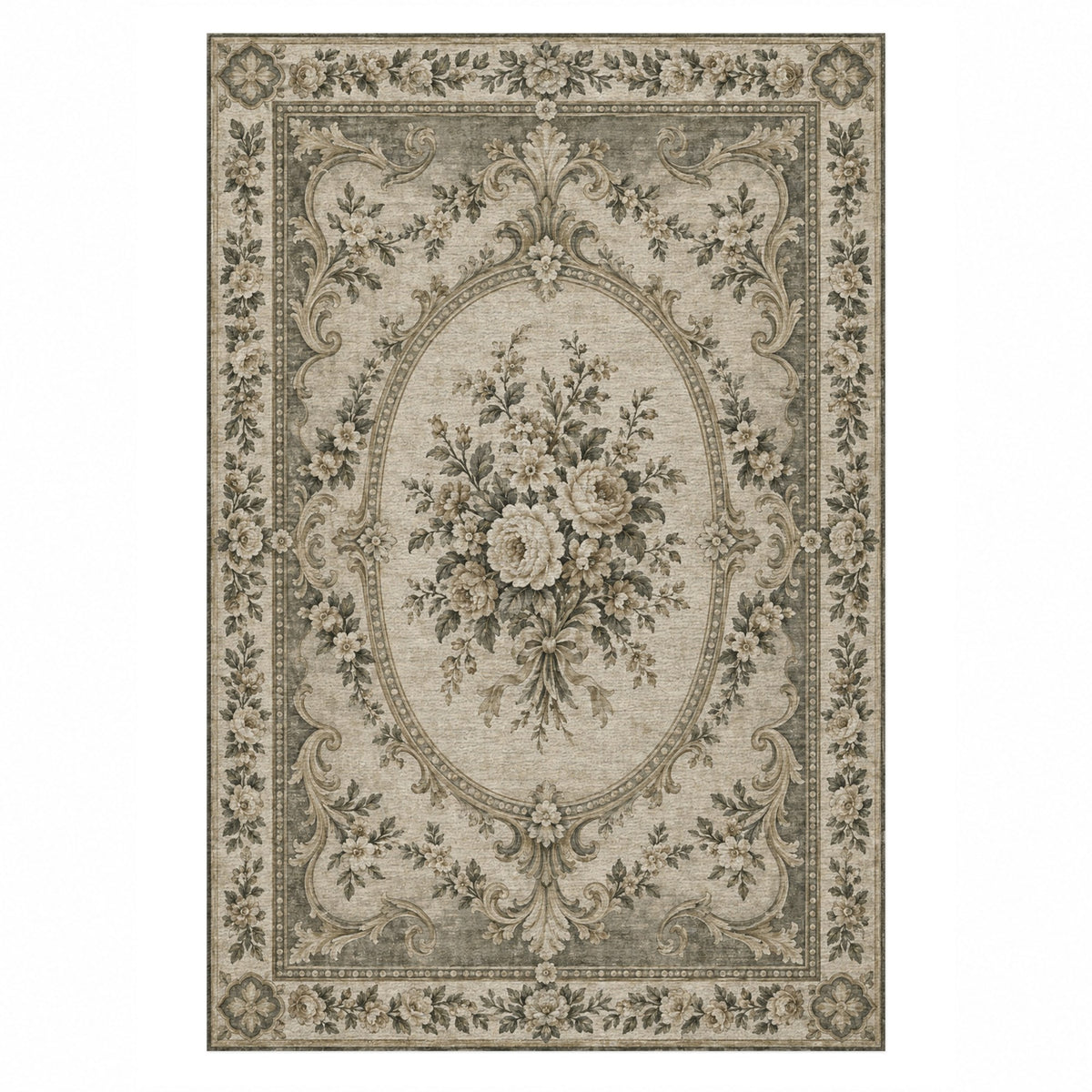 Aubusson Bouquet Sage Stone Classic Washable Rug — top view
