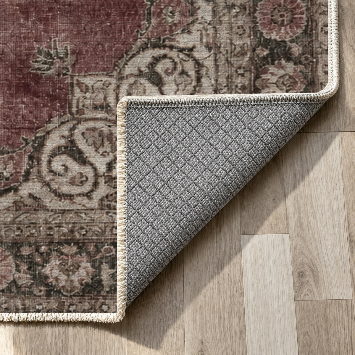 Aurelia Burgundy Ivory Vintage Washable Rug — backing close up