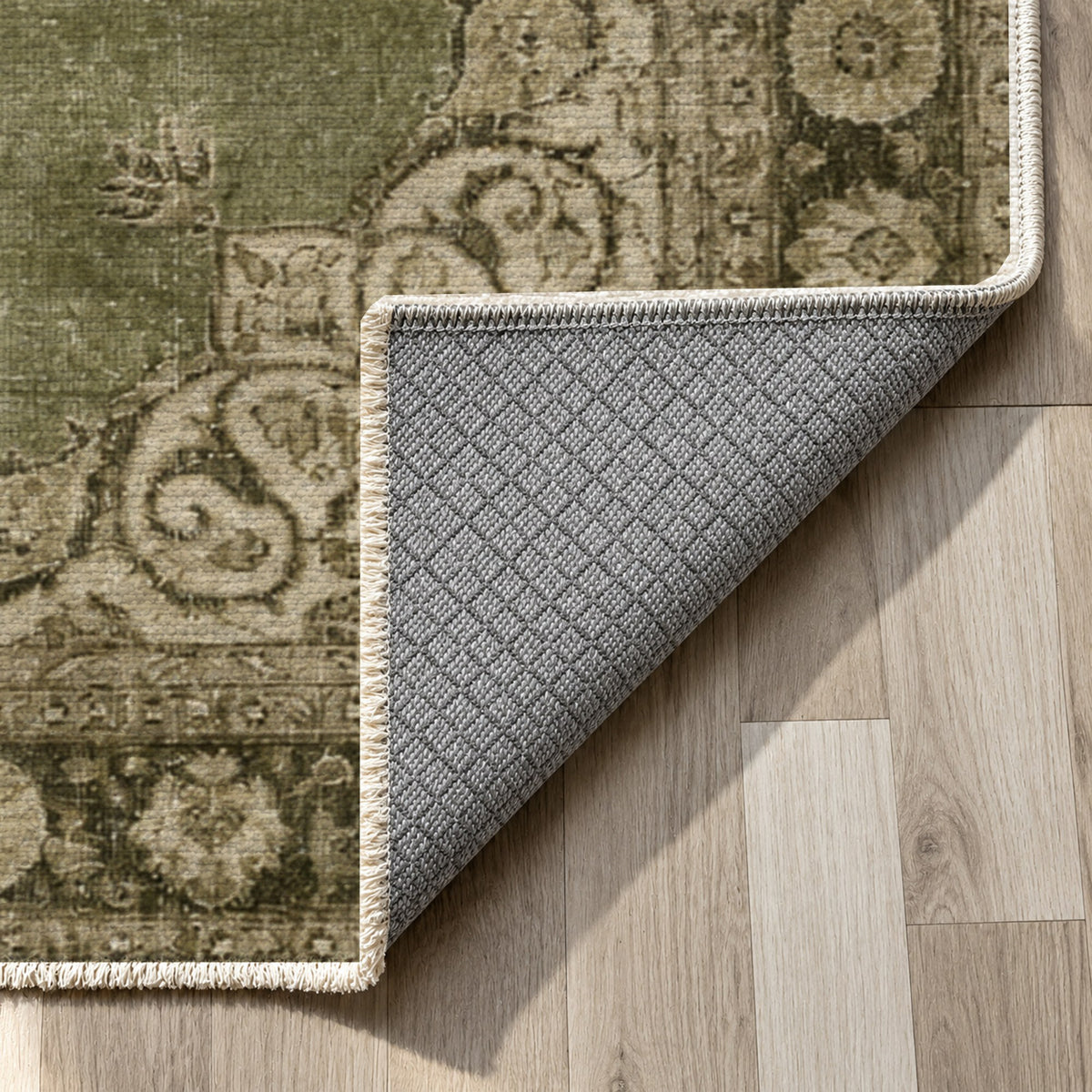 Aurelia Olive Sand Vintage Washable Rug — backing close up