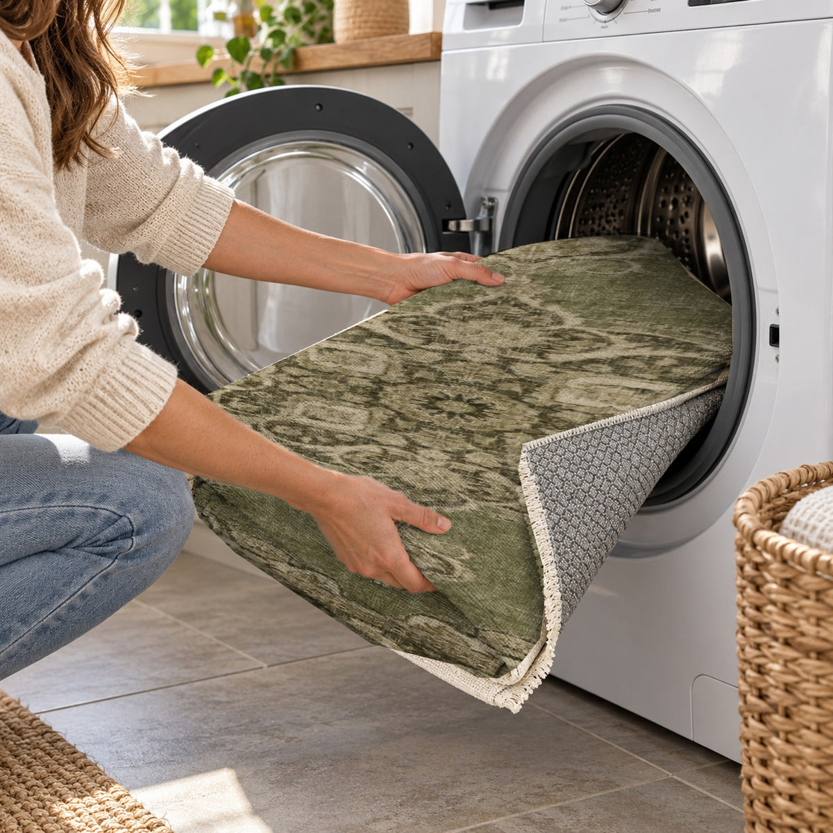 Aurelia Olive Sand Vintage Washable Rug — washing machine
