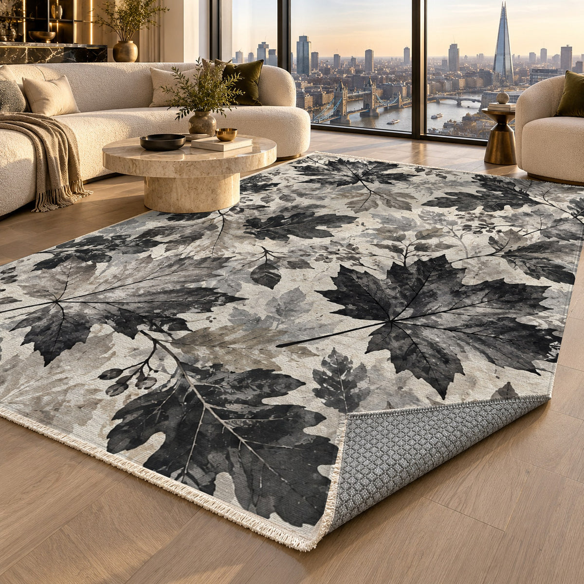 Autumn Canopy Charcoal Floral Washable Rug — london luxury living