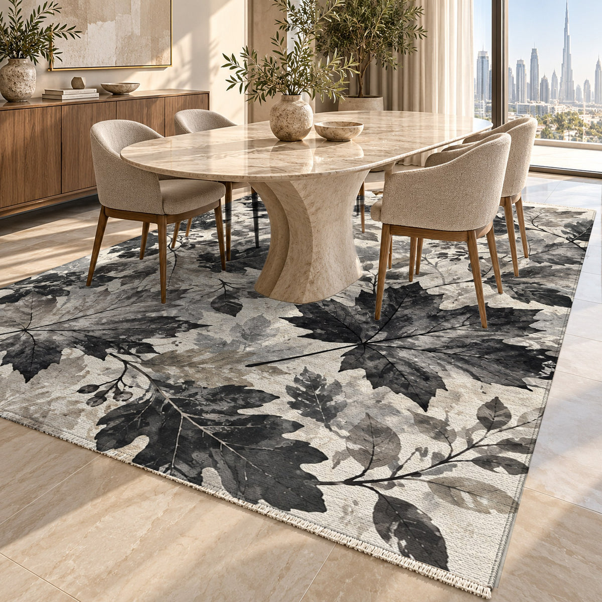 Autumn Canopy Charcoal Floral Washable Rug — dubai dining