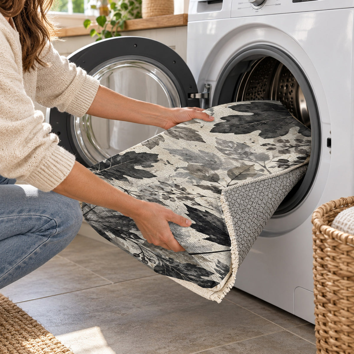Autumn Canopy Charcoal Floral Washable Rug — washing machine