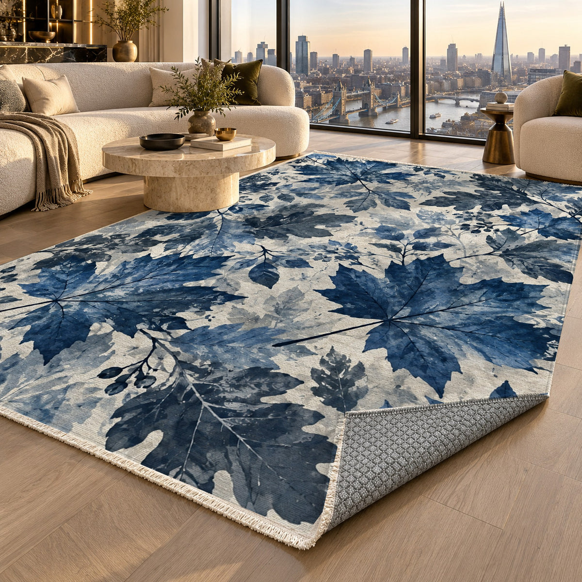 Autumn Canopy Indigo Floral Washable Rug — london luxury living