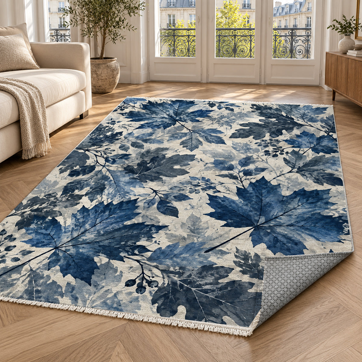 Autumn Canopy Indigo Floral Washable Rug — paris living