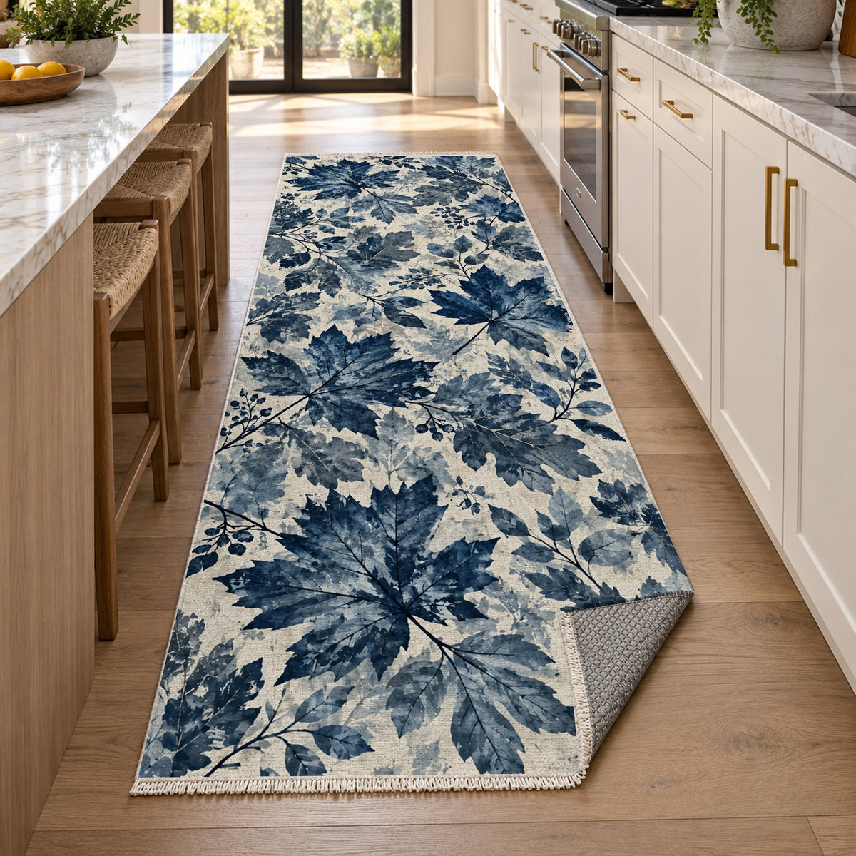 Autumn Canopy Indigo Floral Washable Rug — new york kitchen runner