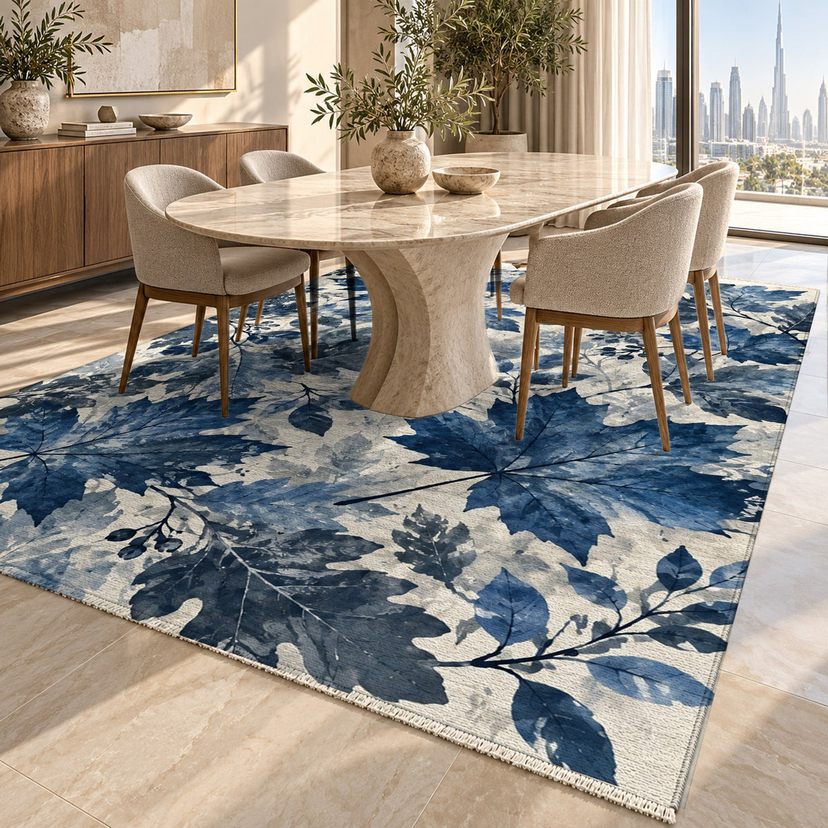 Autumn Canopy Indigo Floral Washable Rug — dubai dining