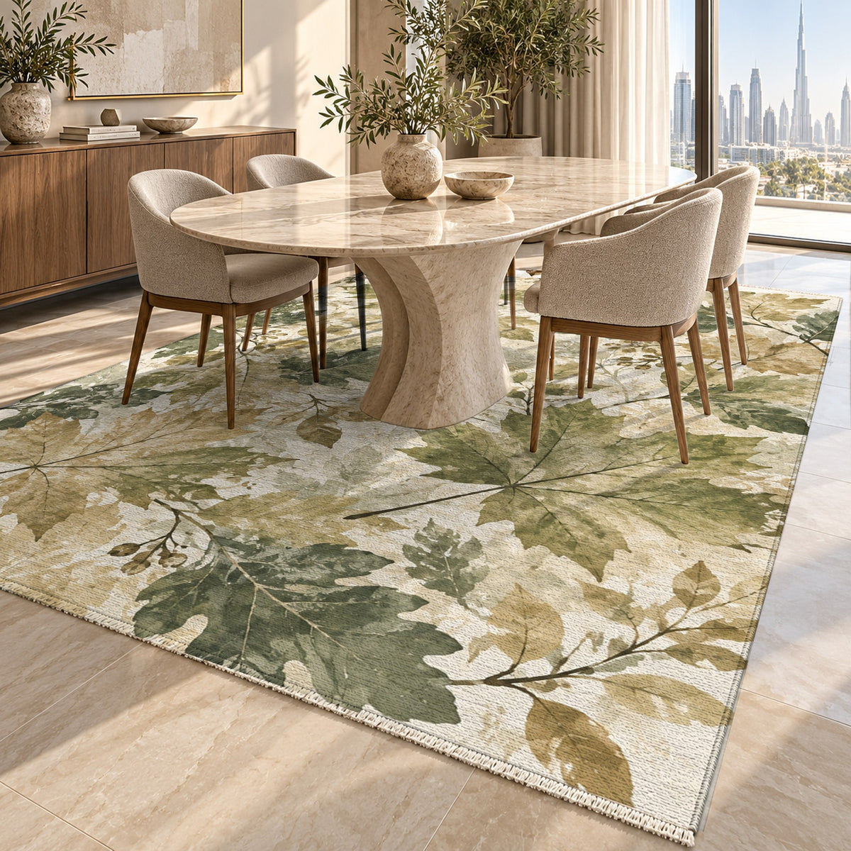 Autumn Canopy Sage Floral Washable Rug — dubai dining