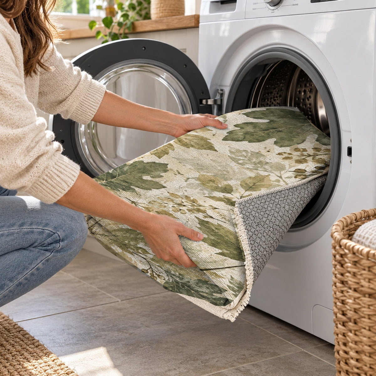 Autumn Canopy Sage Floral Washable Rug — washing machine