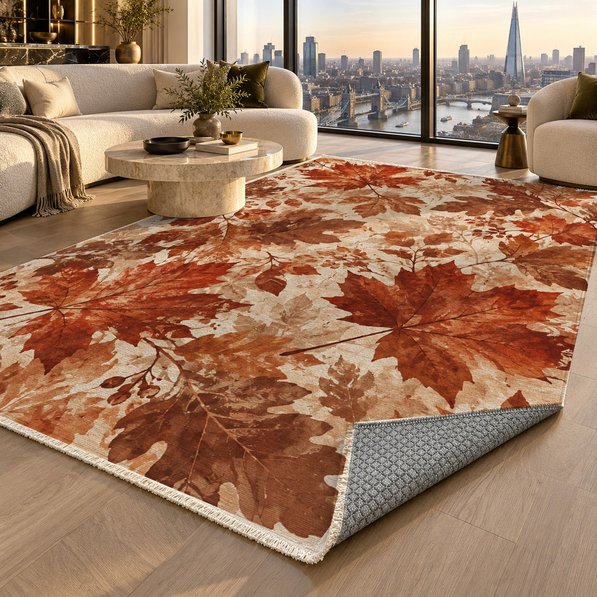 Autumn Canopy Terracotta Floral Washable Rug — london luxury living