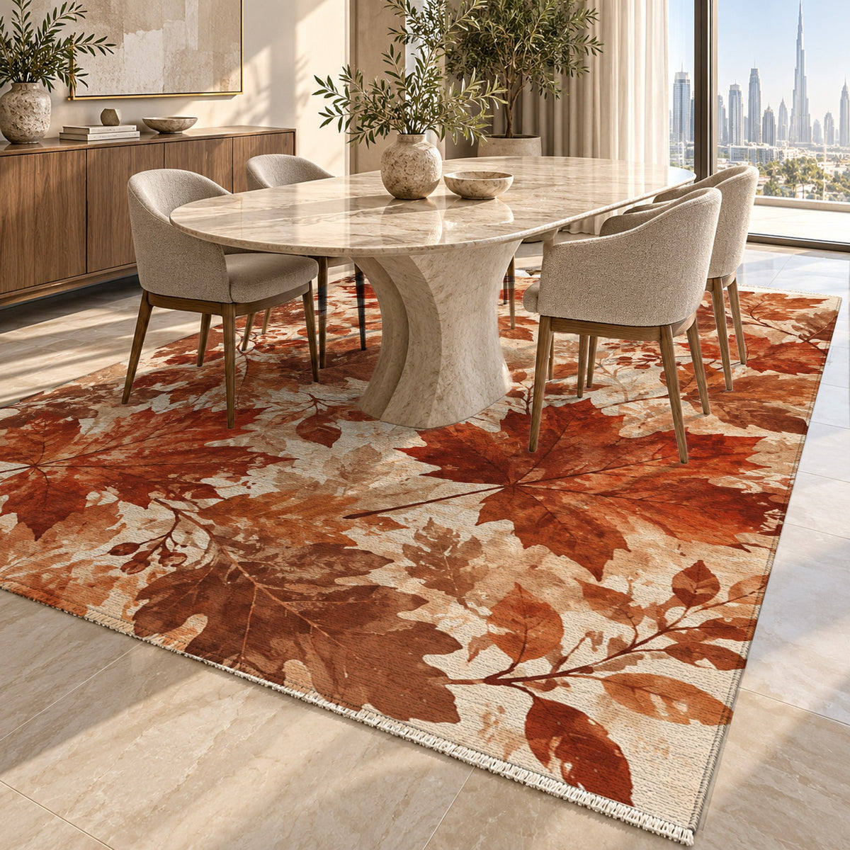 Autumn Canopy Terracotta Floral Washable Rug — dubai dining