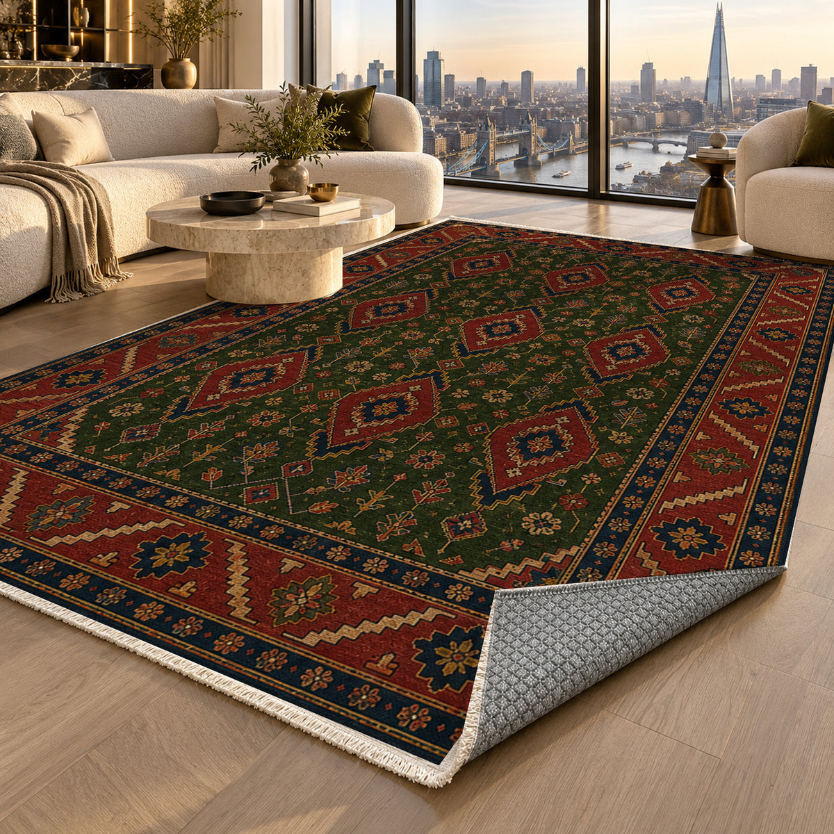 Balkh Olive Ethnic Washable Rug — london luxury living