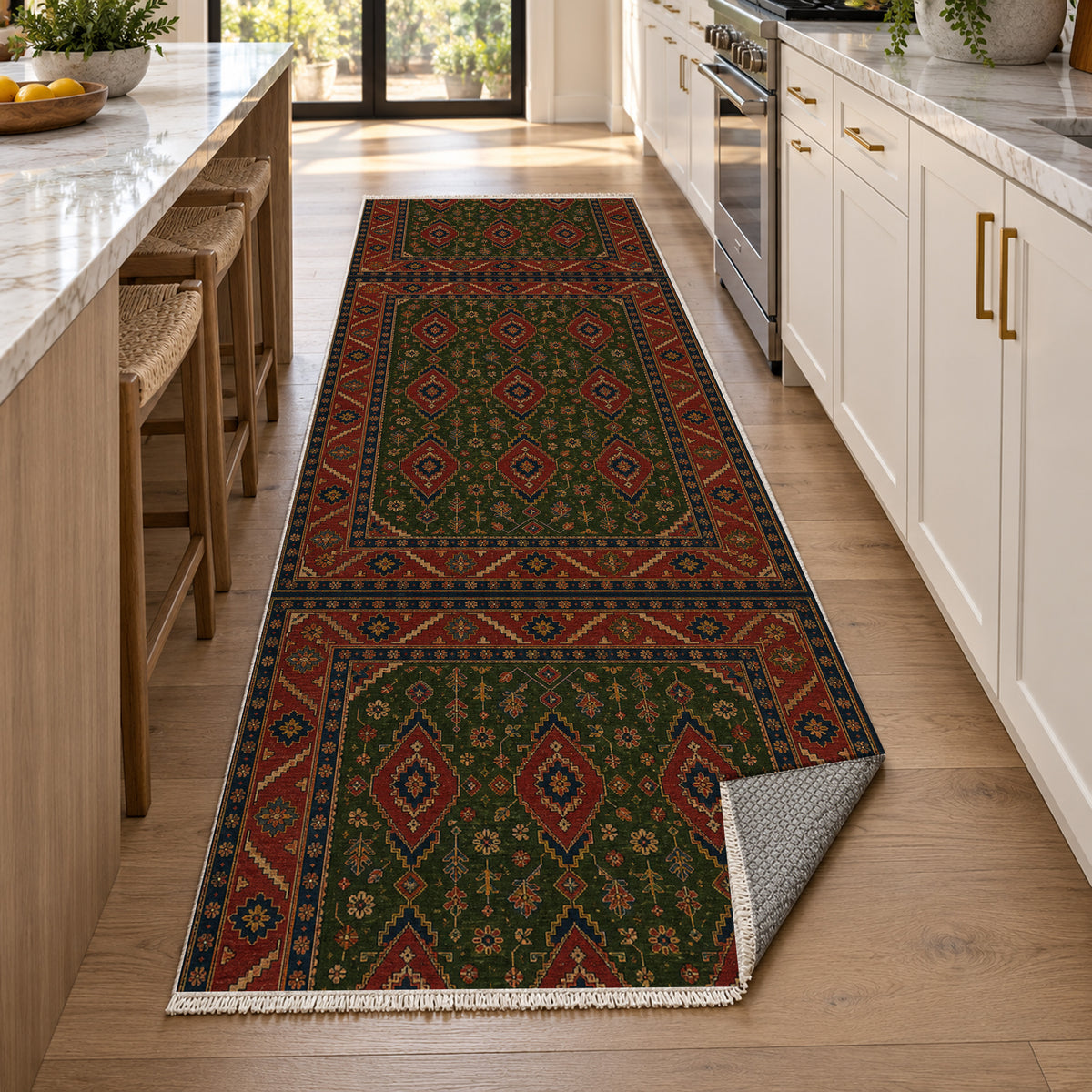 Balkh Olive Ethnic Washable Rug — new york kitchen runner