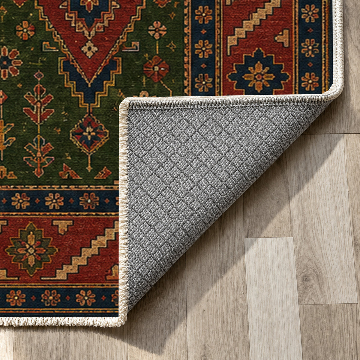 Balkh Olive Ethnic Washable Rug — backing close up
