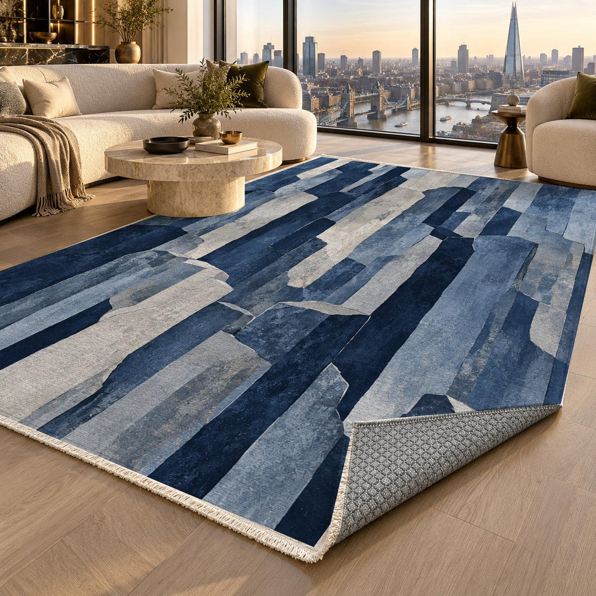 Basalt Columns Indigo Abstract Washable Rug — london luxury living