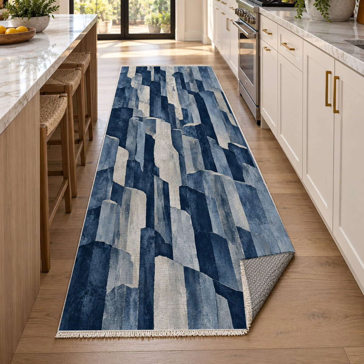 Basalt Columns Indigo Abstract Washable Rug — new york kitchen runner