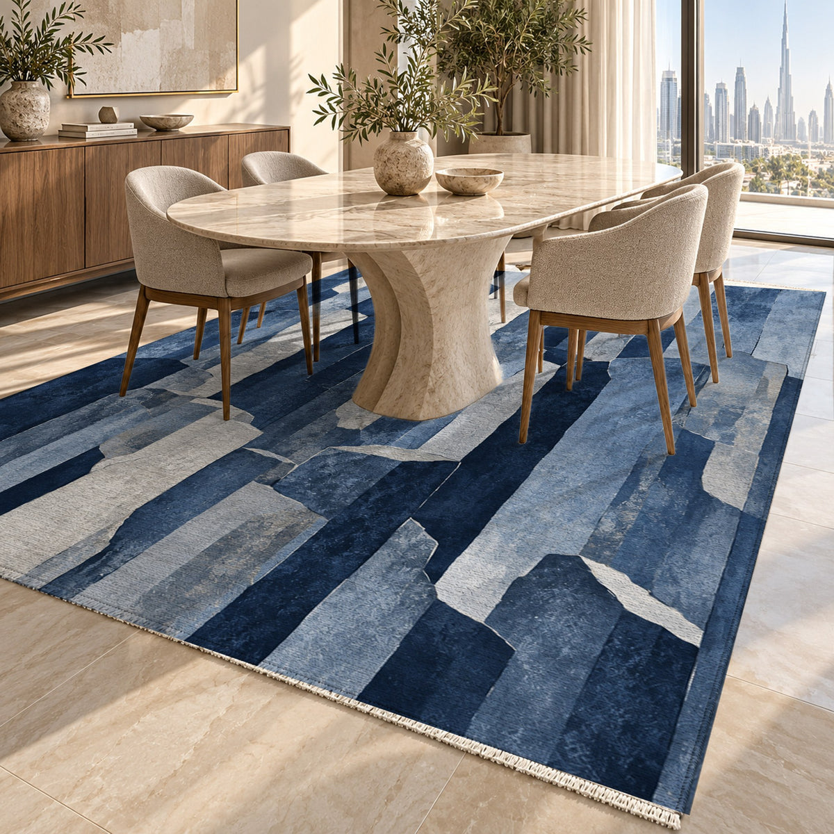 Basalt Columns Indigo Abstract Washable Rug — dubai dining