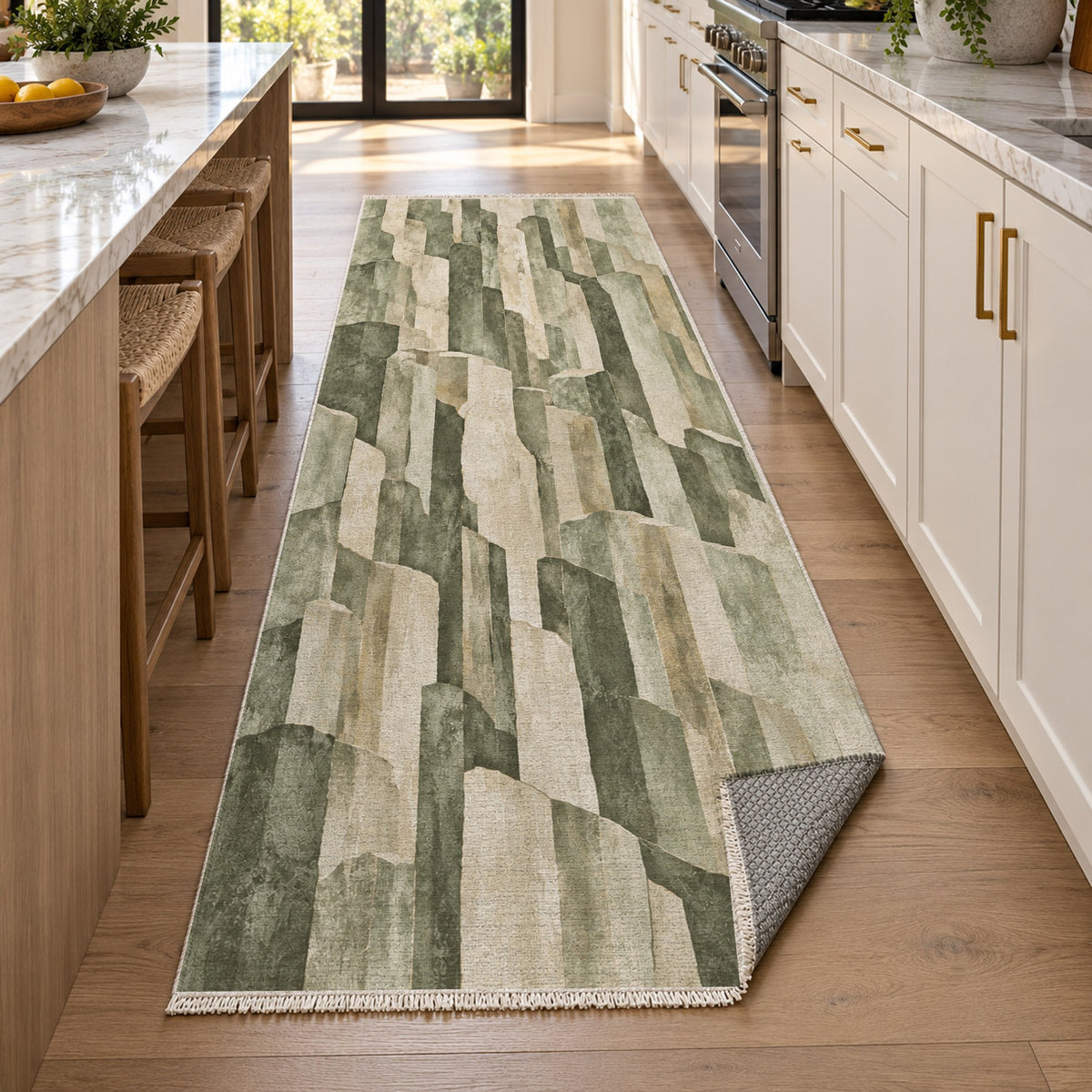 Basalt Columns Sage Abstract Washable Rug — new york kitchen runner
