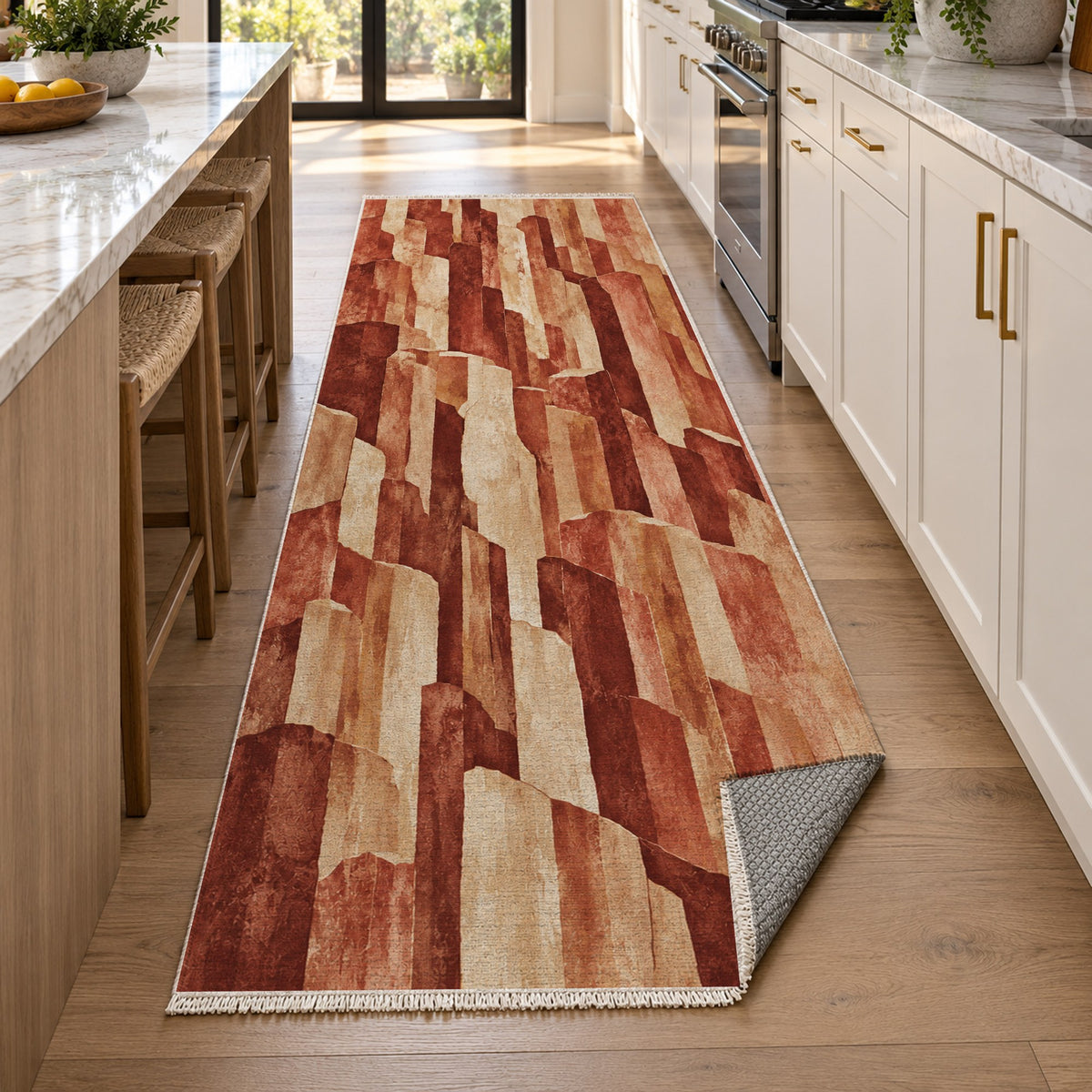 Basalt Columns Terracotta Abstract Washable Rug — new york kitchen runner