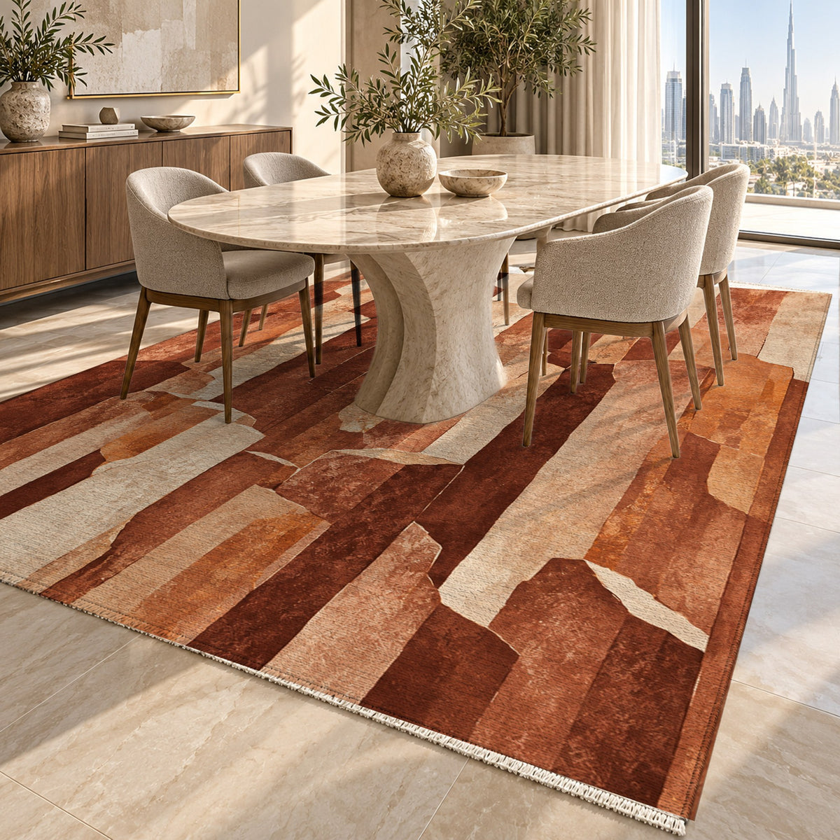Basalt Columns Terracotta Abstract Washable Rug — dubai dining