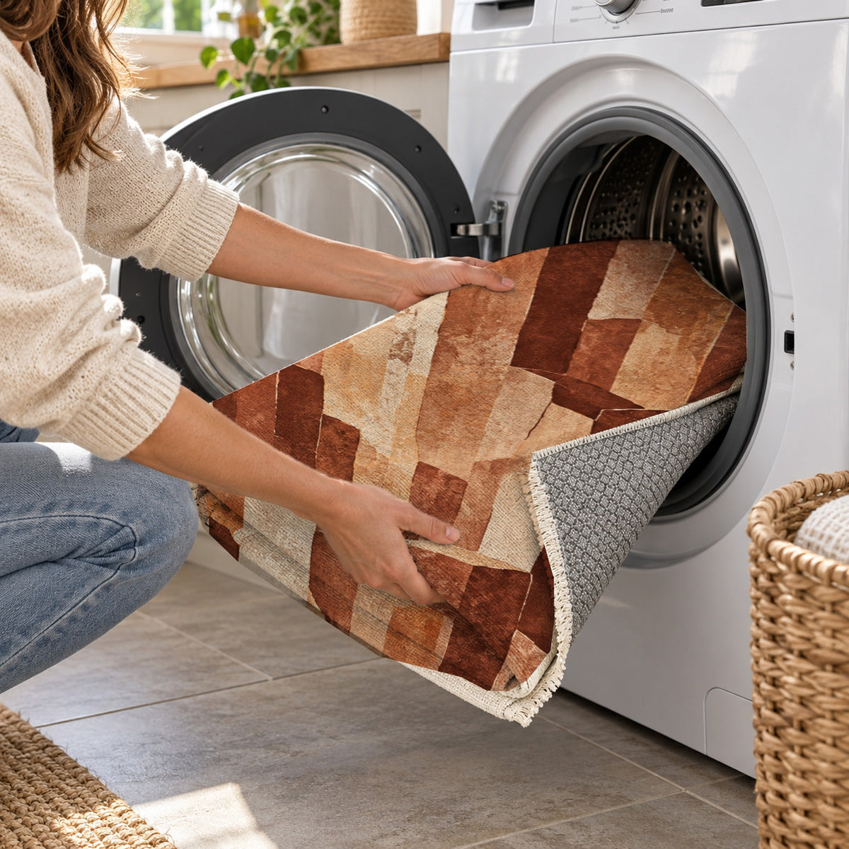 Basalt Columns Terracotta Abstract Washable Rug — washing machine