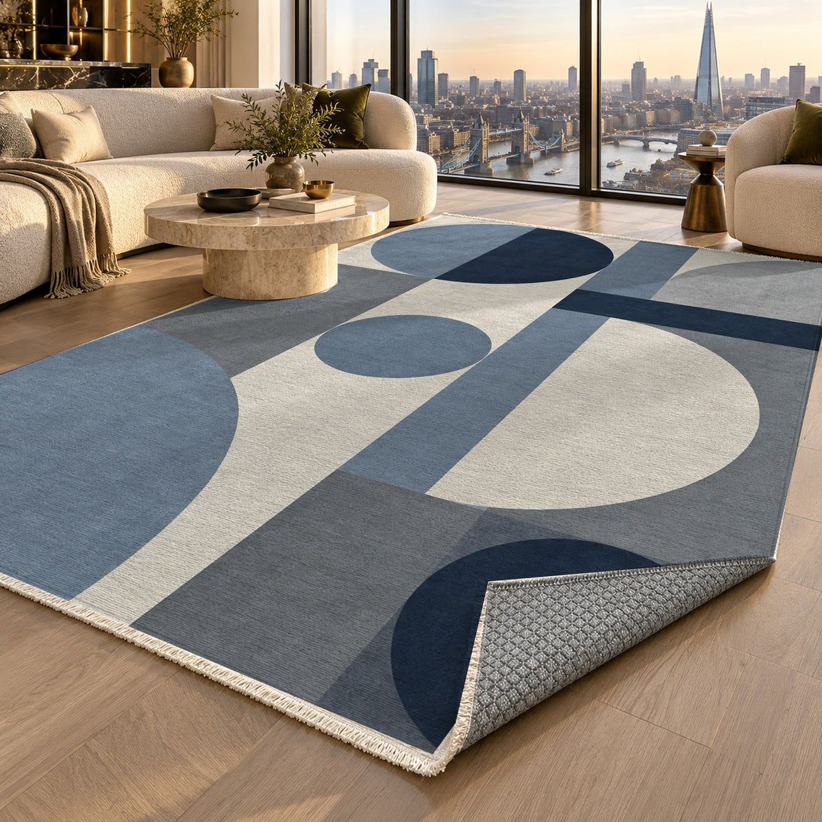Bauhaus Balance Blue Grey Modern Washable Rug — london luxury living