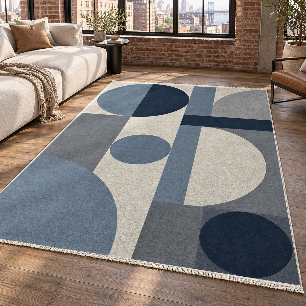Bauhaus Balance Blue Grey Modern Washable Rug — new york living
