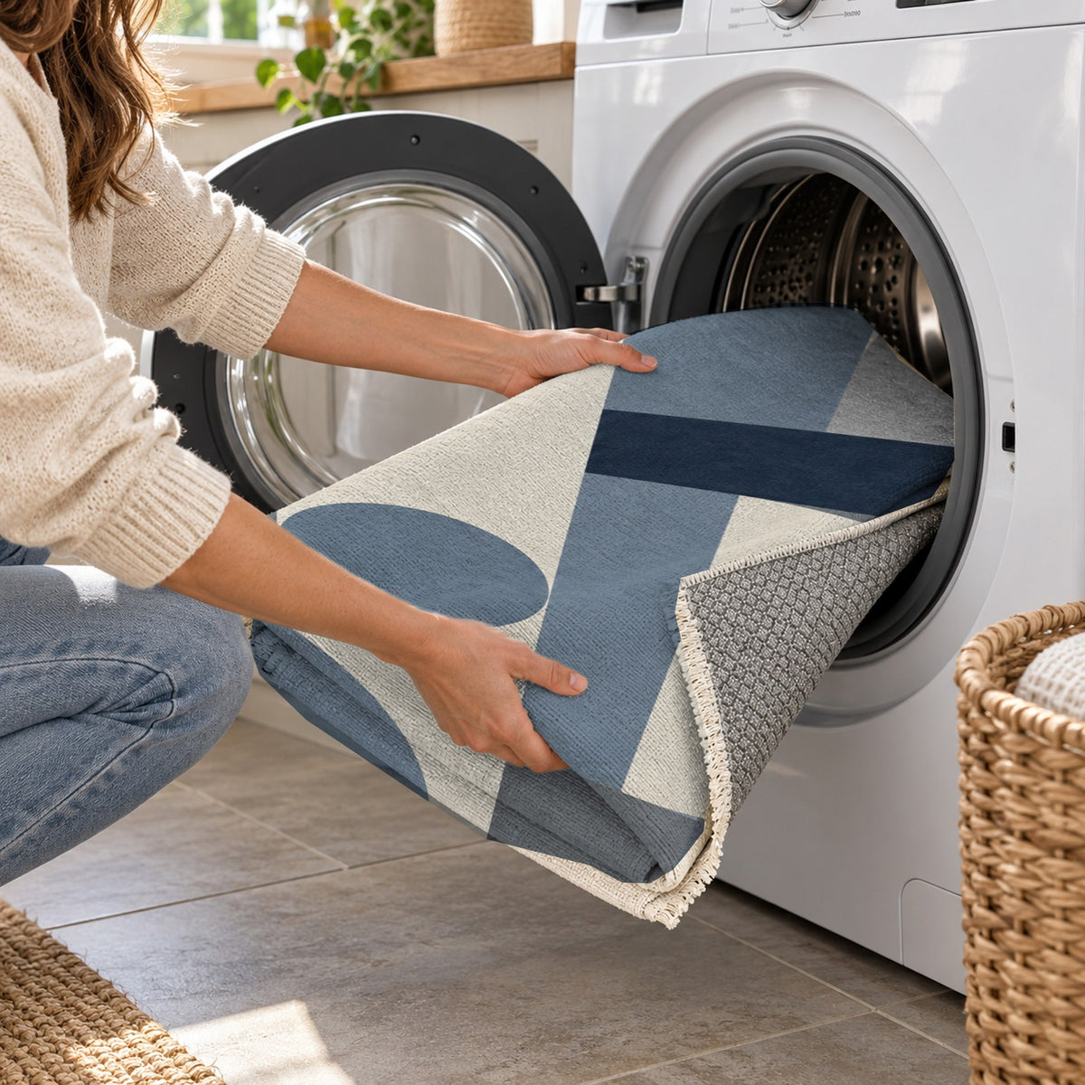 Bauhaus Balance Blue Grey Modern Washable Rug — washing machine