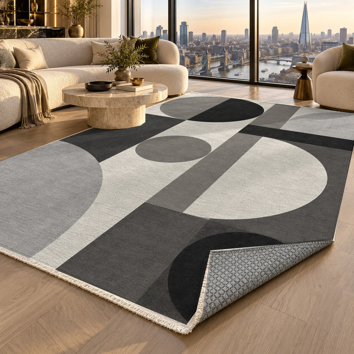 Bauhaus Balance Charcoal Ivory Modern Washable Rug — london luxury living