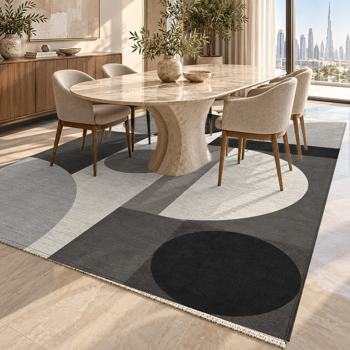 Bauhaus Balance Charcoal Ivory Modern Washable Rug — dubai dining