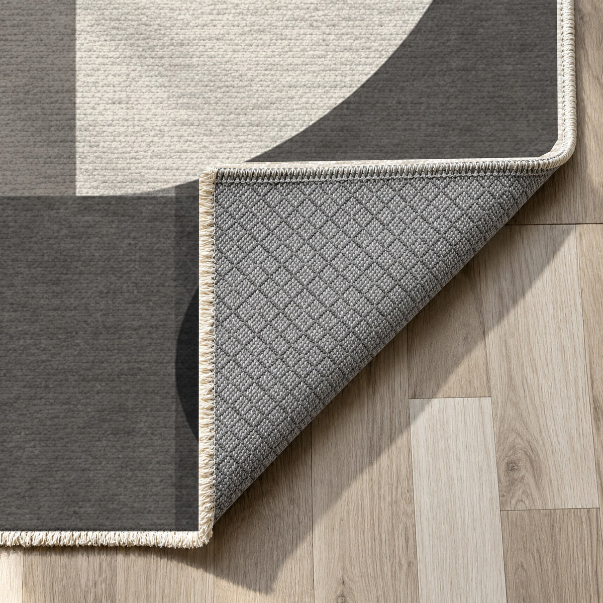 Bauhaus Balance Charcoal Ivory Modern Washable Rug — backing close up