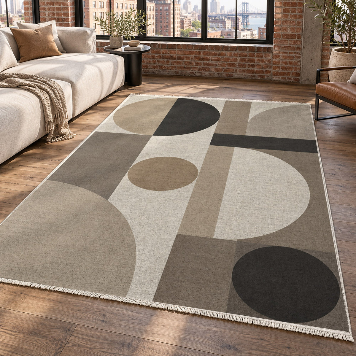 Bauhaus Balance Ivory Taupe Modern Washable Rug — new york living