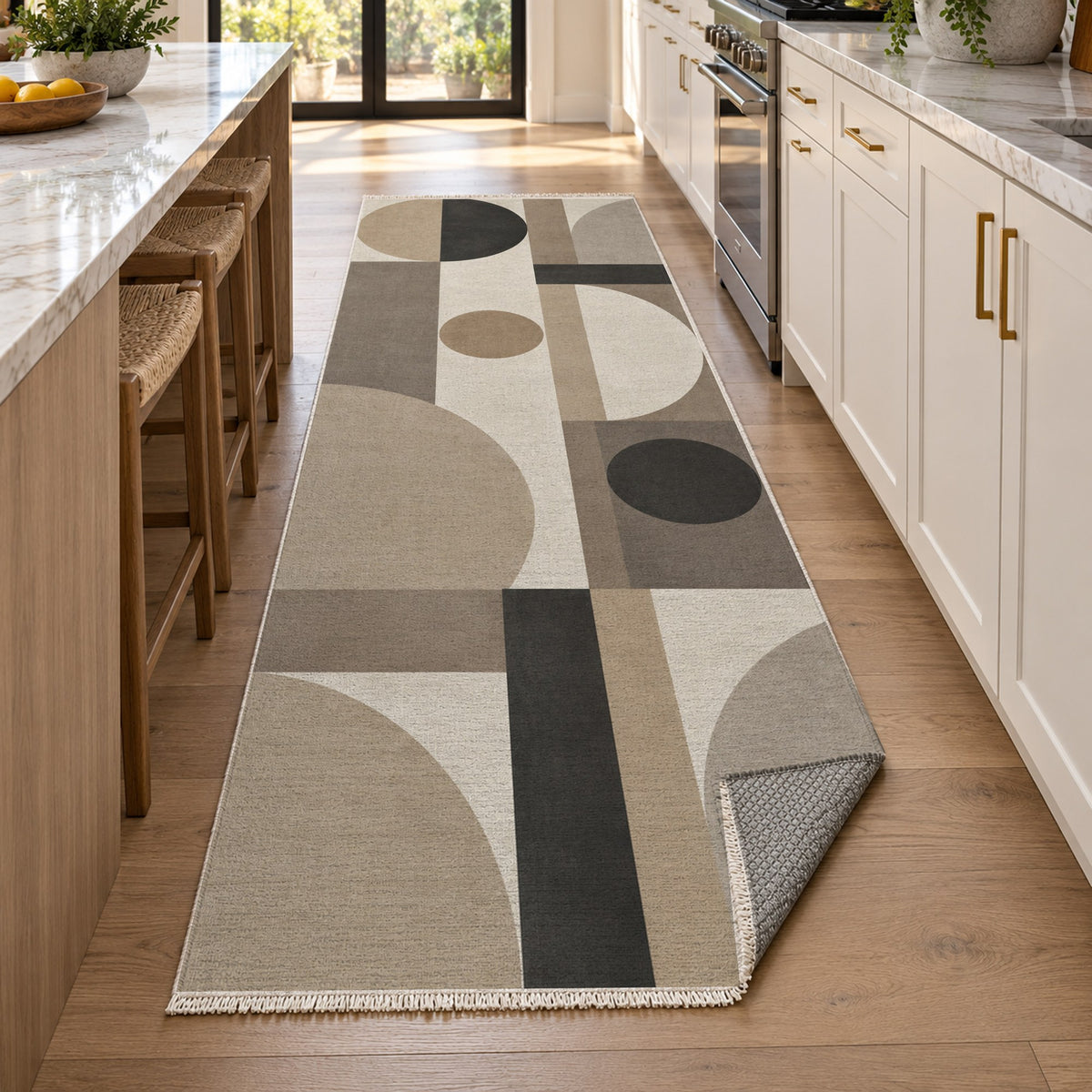 Bauhaus Balance Ivory Taupe Modern Washable Rug — new york kitchen runner