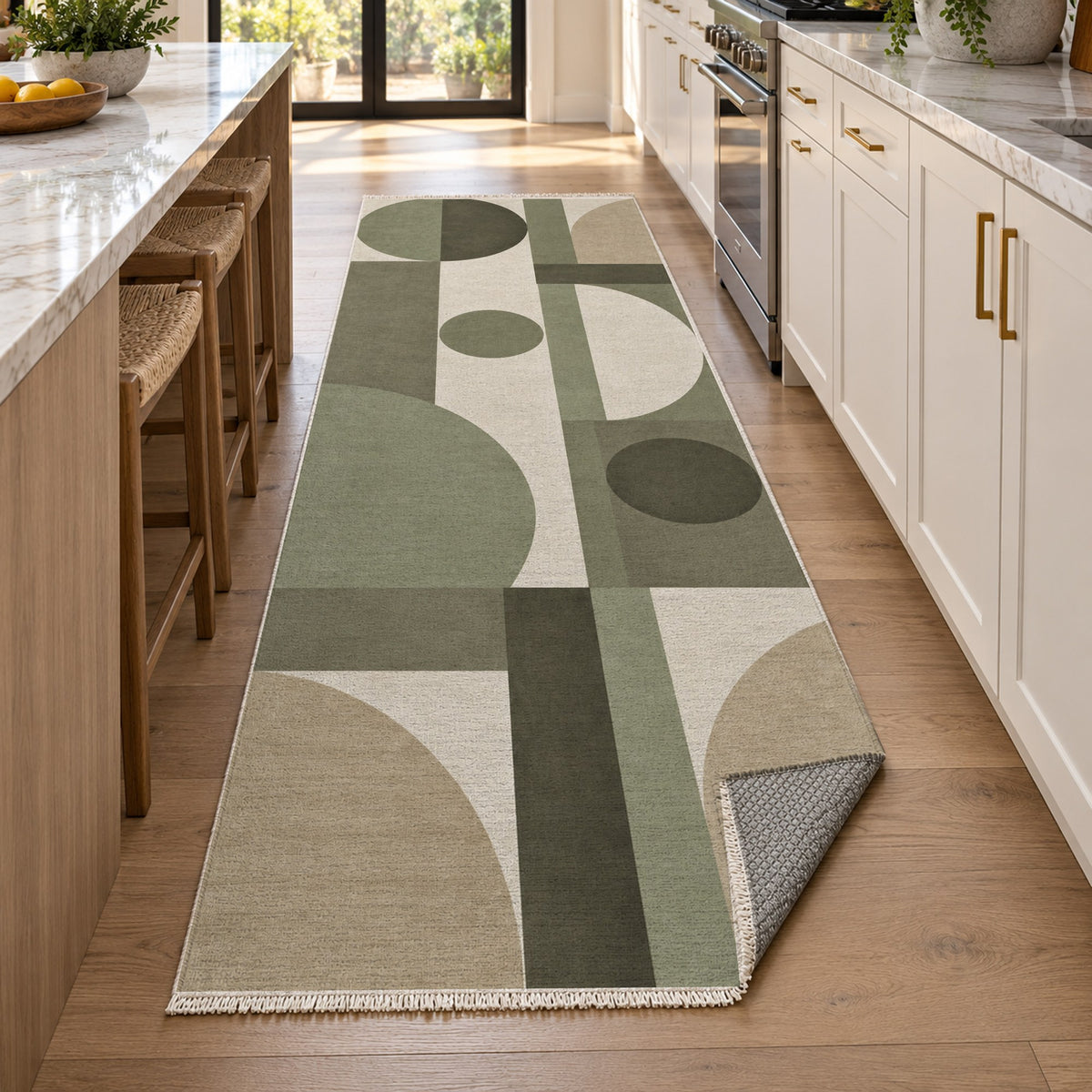 Bauhaus Balance Sage Sand Modern Washable Rug — new york kitchen runner