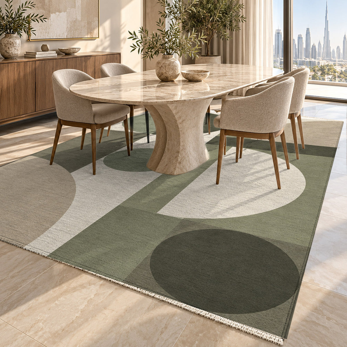 Bauhaus Balance Sage Sand Modern Washable Rug — dubai dining