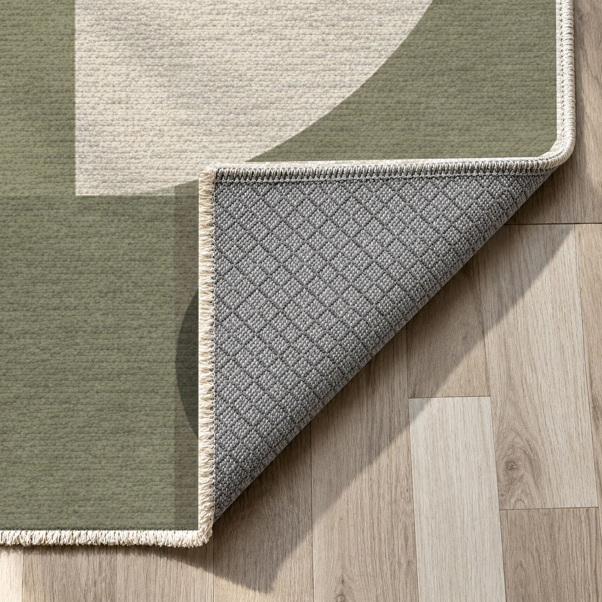 Bauhaus Balance Sage Sand Modern Washable Rug — backing close up