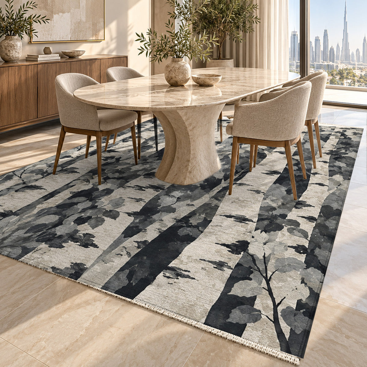 Birch Grove Charcoal Floral Washable Rug — dubai dining