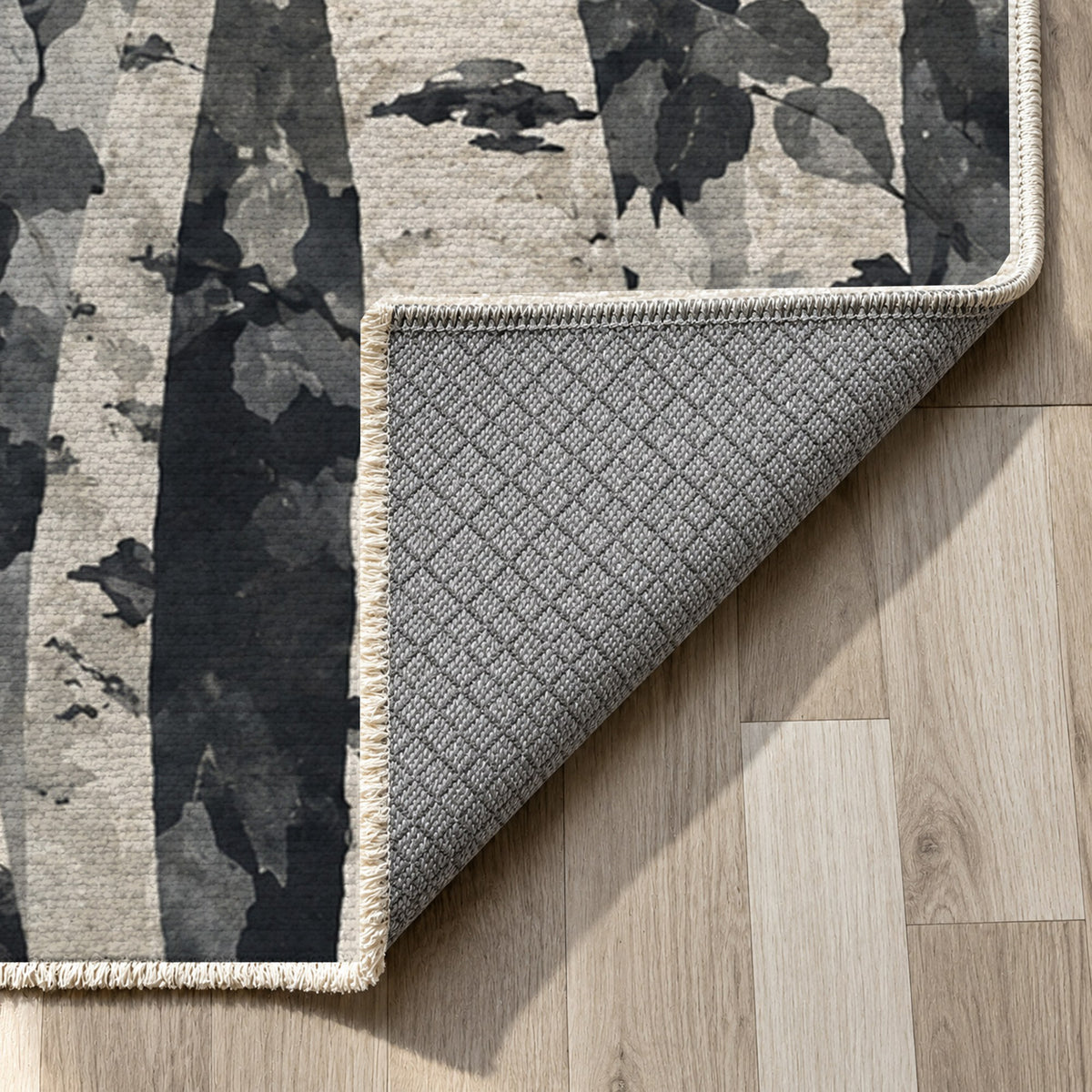 Birch Grove Charcoal Floral Washable Rug — backing close up