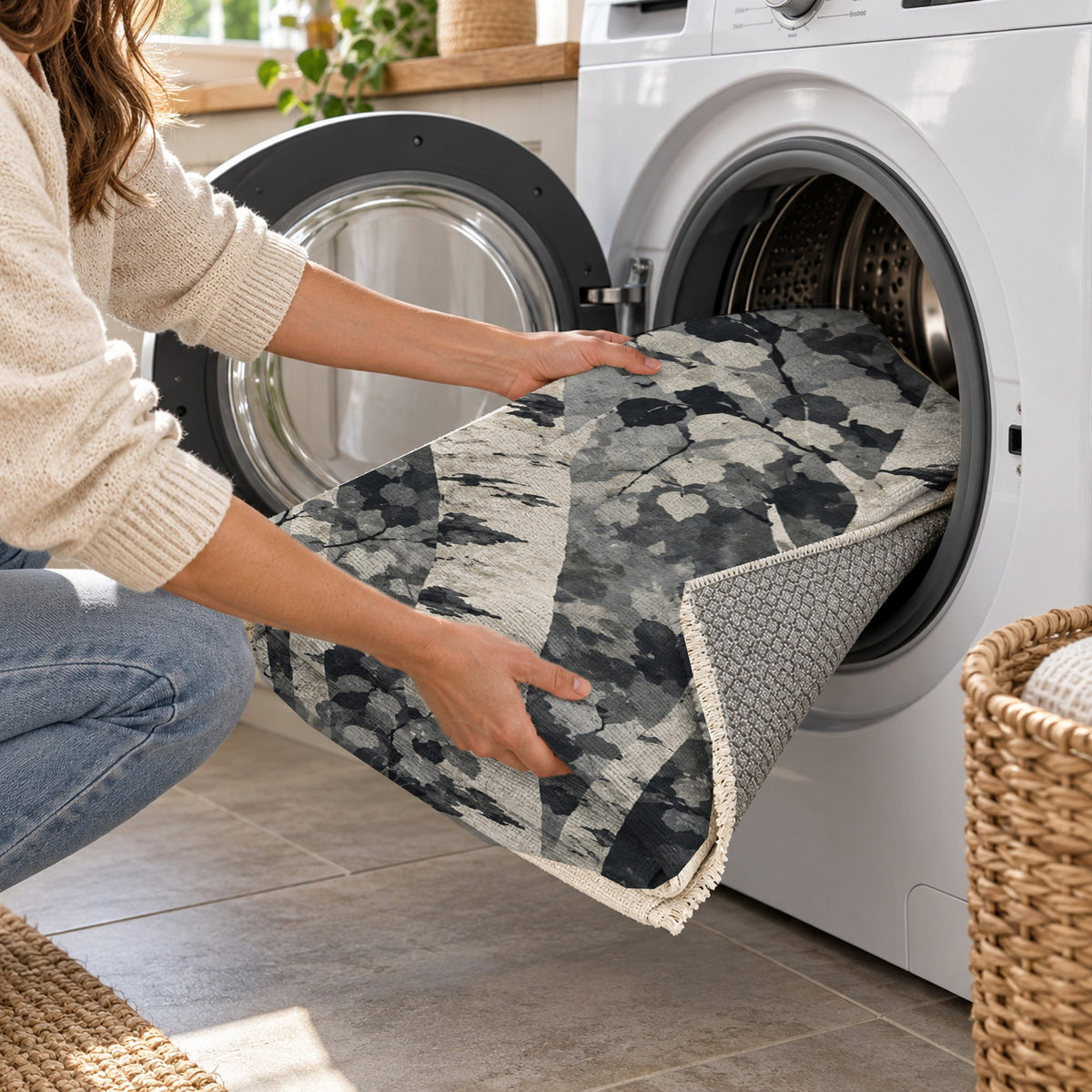 Birch Grove Charcoal Floral Washable Rug — washing machine