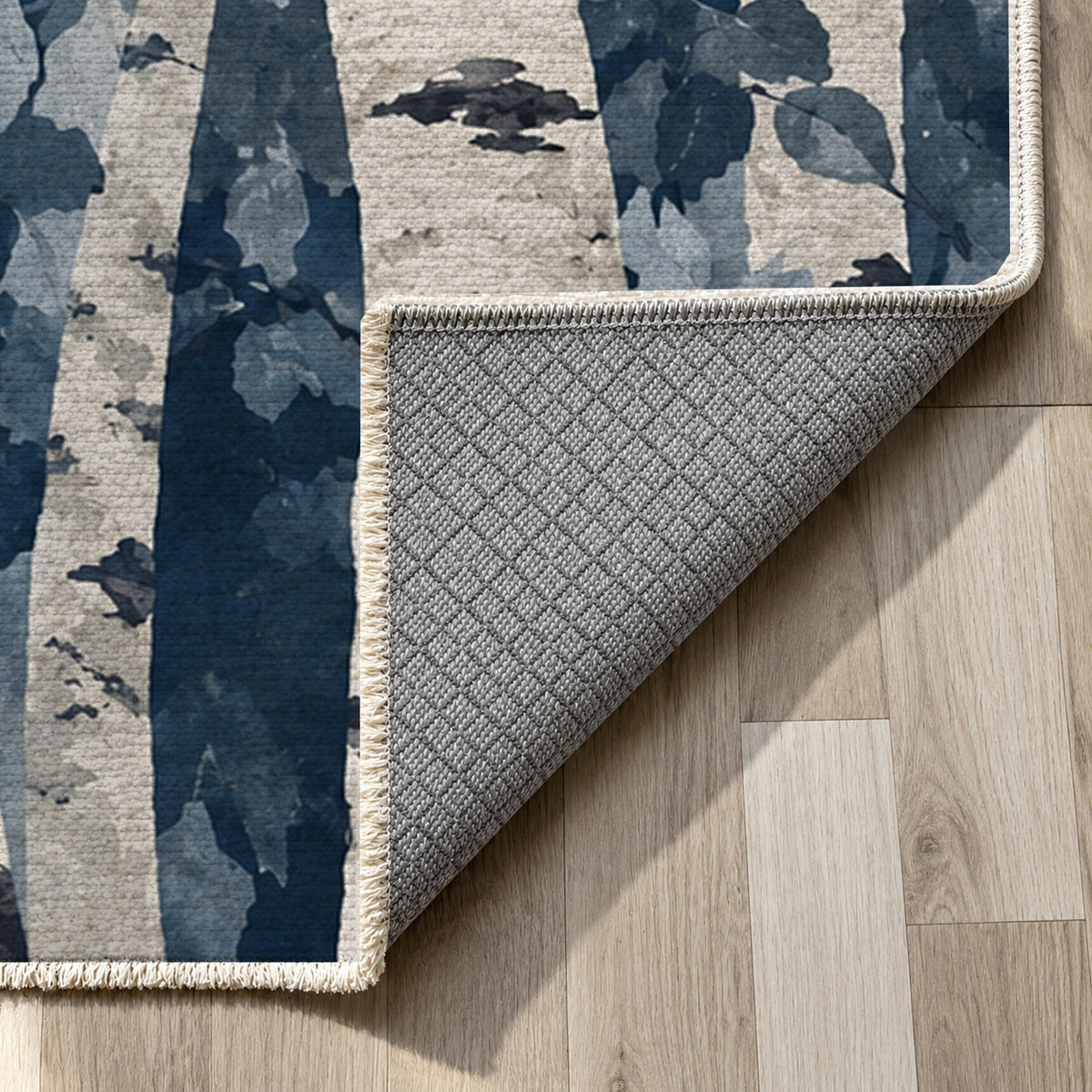 Birch Grove Indigo Floral Washable Rug — backing close up