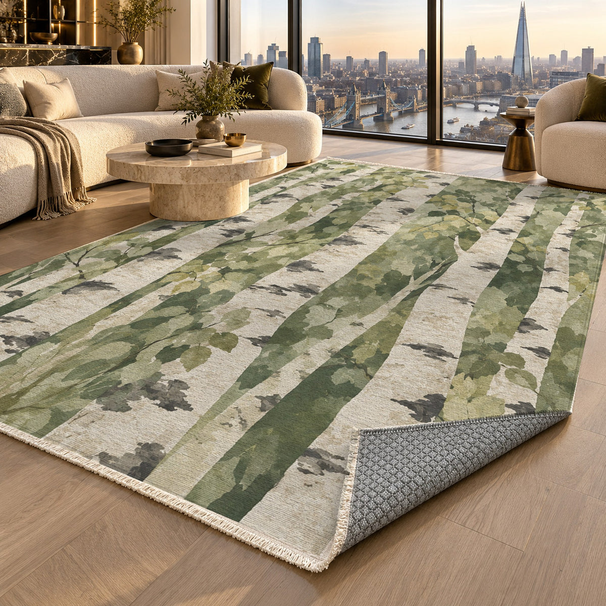 Birch Grove Sage Floral Washable Rug — london luxury living