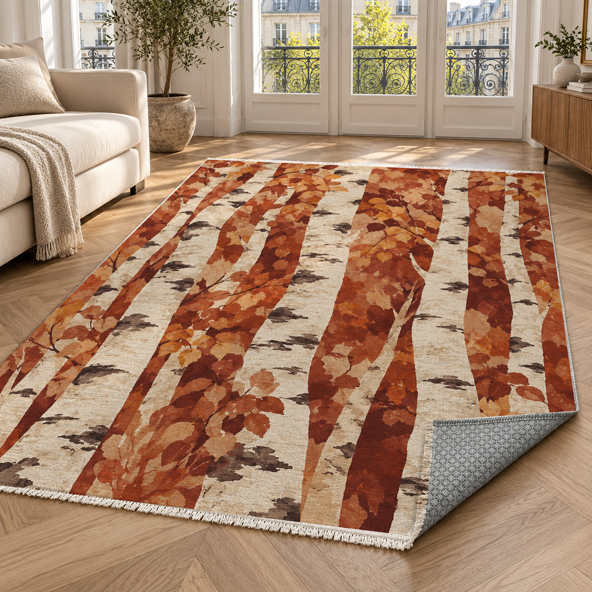 Birch Grove Terracotta Floral Washable Rug — paris living