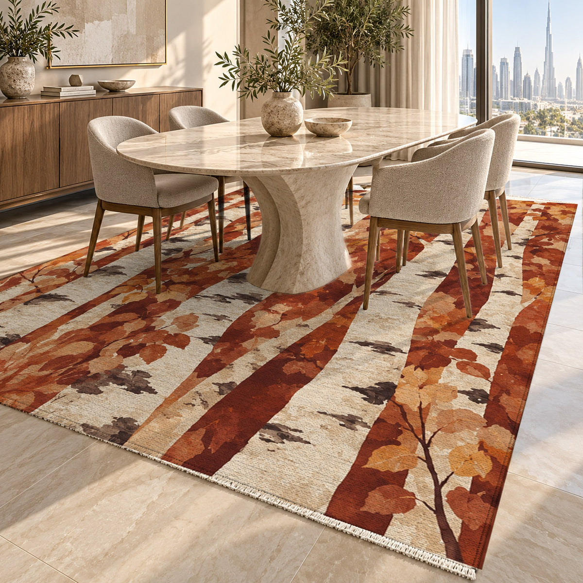 Birch Grove Terracotta Floral Washable Rug — dubai dining