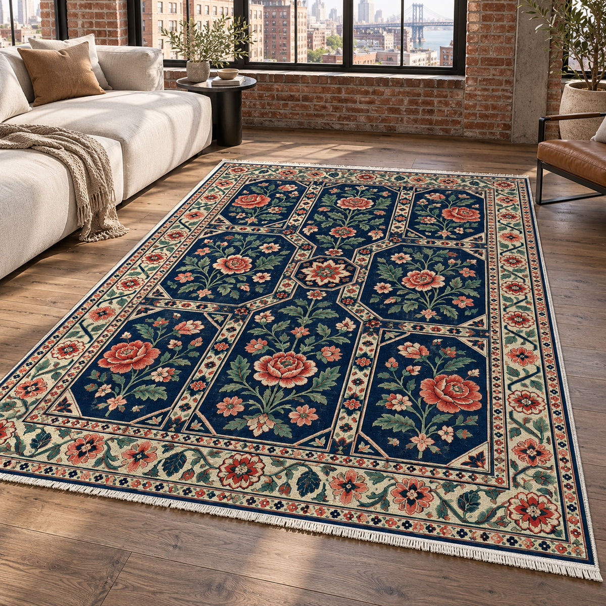 Botanical Panels Indigo Rose Ethnic Washable Rug — new york living